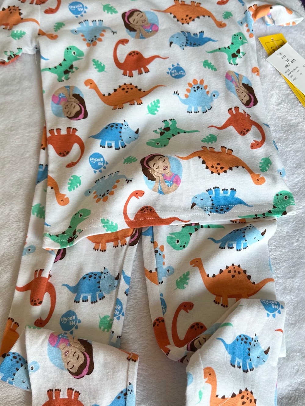 Rachel Kids Dinosaur Pajama Set - White with Orange, Blue & Green
